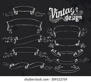 A comprehensive set of high detail Design grunge Chalkboard Labels and ribbons. Vector elements over blackboard.  Copy space for your text. 