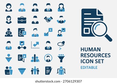Un conjunto completo de iconos de recursos humanos y gestión empresarial que representan a las personas, la contratación, la carrera, el trabajo en equipo, la contratación, los procesos de oficina. Kit gráfico de Vector editable.