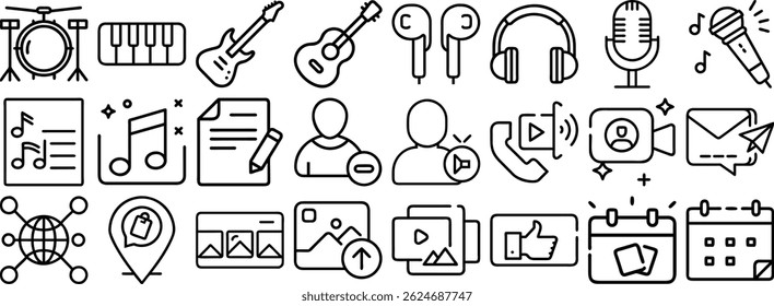 Uma coleção abrangente de ícones de conjunto representando instrumentos de música comunicação multimídia e elementos de mídia social em estilo de arte de linha limpa
