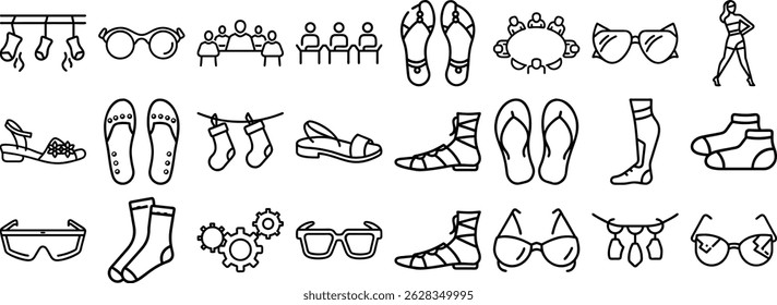 A comprehensive set icon collection of summer wear accessories and clothing items in a minimalist style black outline