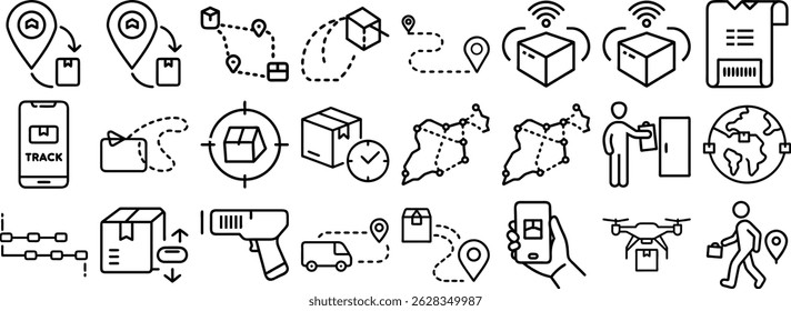 A comprehensive set icon displaying delivery and logistics concepts including tracking and shipping processes and technologies