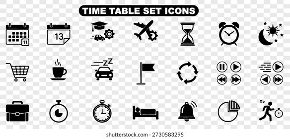 Un conjunto completo de iconos que representan varias actividades y conceptos relacionados con el tiempo, perfecto para fines de programación y planificación.