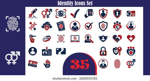 Un conjunto completo de iconos relacionados con la seguridad, la identidad y la protección. Esta colección incluye símbolos para huellas dactilares, perfiles de usuario, cerraduras, escudos y datos personales, ideal para App en seguridad