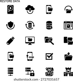 A comprehensive set of icons representing data restore, backup, and recovery processes, including devices, security, and file management.