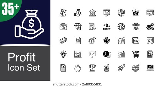 Un conjunto completo de iconos que representan las ganancias, el crecimiento, la inversión y el éxito financiero. Ideal para presentaciones de negocios, Sitios web y aplicaciones que buscan transmitir conceptos financieros.