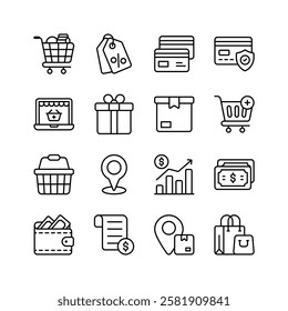 A comprehensive set of icons representing various aspects of online shopping and ecommerce