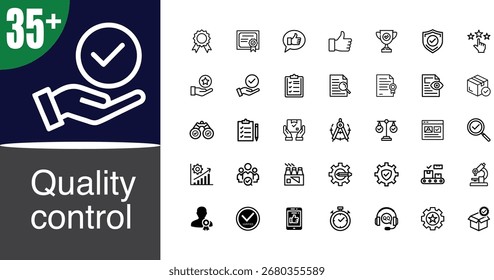 Un conjunto completo de íconos que representan varios aspectos del control de calidad, incluyendo inspección, pruebas, Aprobación y garantía. Ideal para aplicaciones empresariales e industriales.