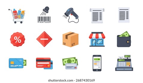 A comprehensive set of icons representing various aspects of shopping, retail, and e-commerce, including payment methods and store operations.