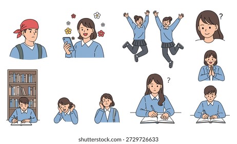 Comprehensive set of illustrations showing students engaged in various school activities like studying, jumping, and using phones.