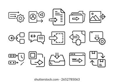 A comprehensive set of import icons displayed on a clean white background. This vector collection includes symbols for cargo shipping, customs, trade documents, barcode scanning, and logistics managem