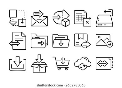 Un conjunto completo de iconos de importación que se muestran sobre un fondo blanco limpio. Esta colección de Vector incluye símbolos para el envío de carga, aduanas, documentos comerciales, escaneo de códigos de barras y gestión logística