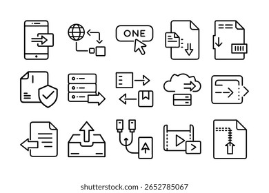 Un conjunto completo de iconos de importación que se muestran sobre un fondo blanco limpio. Esta colección de Vector incluye símbolos para el envío de carga, aduanas, documentos comerciales, escaneo de códigos de barras y gestión logística