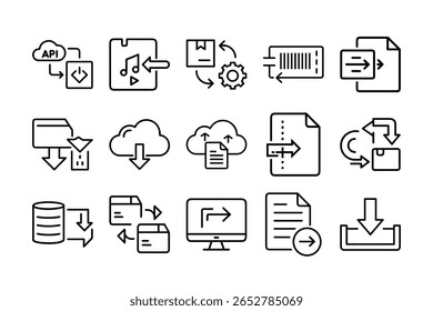 Un conjunto completo de iconos de importación que se muestran sobre un fondo blanco limpio. Esta colección de Vector incluye símbolos para el envío de carga, aduanas, documentos comerciales, escaneo de códigos de barras y gestión logística