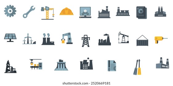 Eine umfassende Sammlung von Industrie- und Bausymbolen, einschließlich Werkzeugen, Maschinen, Energiesymbolen und Technologieelementen. Ideal für die Darstellung verschiedener Aspekte von Industrie und Infrastruktur.