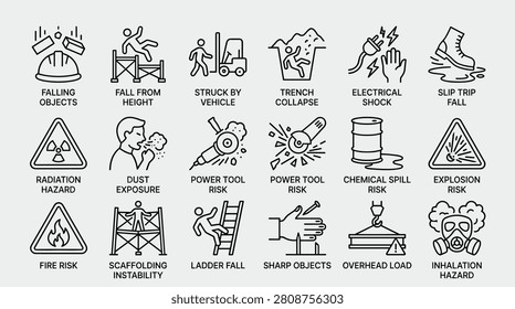 Comprehensive set of industrial safety and hazard icons, featuring common workplace risks such as falling objects, fall from height, struck by vehicle, trench collapse, electrical shock, slip trip fall, radiation hazard, dust exposure, power tool risk, chemical spill risk, explosion risk, fire risk, scaffolding instability, ladder fall, sharp objects, overhead load, and inhalation hazard.