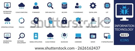 Comprehensive set of Information Technology icons covering data analytics, cybersecurity, blockchain, cloud computing, network security, and digital infrastructure. Perfect for tech-themed projects.