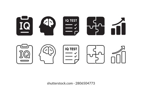 A comprehensive set of IQ test and intelligence icons featuring solid silhouettes and linear outlines, representing cognitive assessment, brain puzzles, and performance analytics on white.