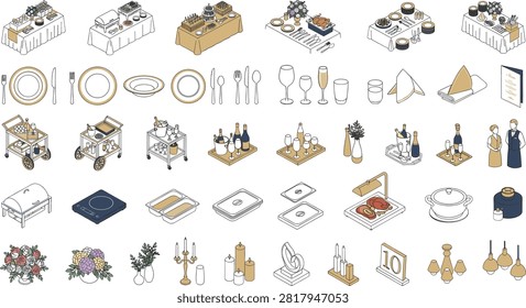 A comprehensive set of isometric catering and restaurant service icons, perfect for hospitality, event planning, and culinary design projects. This collection features food setups, tableware, bar carts, and decor items in a clean line art style.A comprehensive set of isometric catering and restaurant service icons, perfect for hospitality, event planning, and culinary design projects. This collection features food setups, tableware, bar carts, and decor items in a clean line art style.
