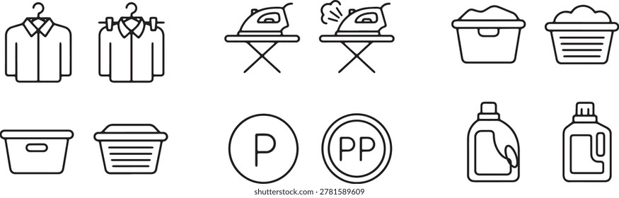 Comprehensive set of laundry care instruction symbols and fabric treatment outline vector icons for garment labeling