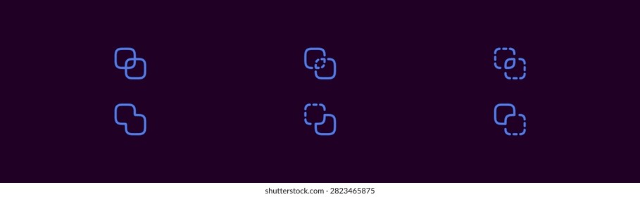 Comprehensive set of layer and object interaction icons in thin line design style ideal for graphic design software image editing tools and photo manipulation applications featuring various selection modes grouping symbols and arrangement indicators.