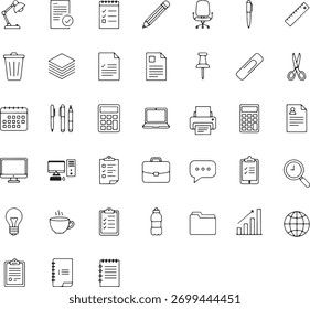 Ein umfangreiches Set von Line-Art-Symbolen, die verschiedene Büro- und Geschäftsartikel darstellen, perfekt für digitale und Print-Design-Projekte. Einzeln auf sauberem, weißem Hintergrund für einfache Integration.