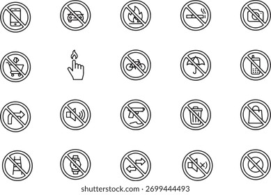 Um conjunto abrangente de ícones e símbolos de arte de linha indicando proibições e restrições, apresentados em um fundo branco limpo para fácil integração em vários projetos e aplicações.