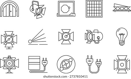 A comprehensive set of line art icons showcasing various stage lighting equipment, electrical components, and theatrical production elements, including spotlights, light bulbs, power plugs, and stage structures.