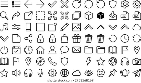 A comprehensive set of line art icons in a vector design concept, featuring various silhouettes for use in modern applications and websites, providing a versatile and visually appealing collection of graphics for designers and developers.