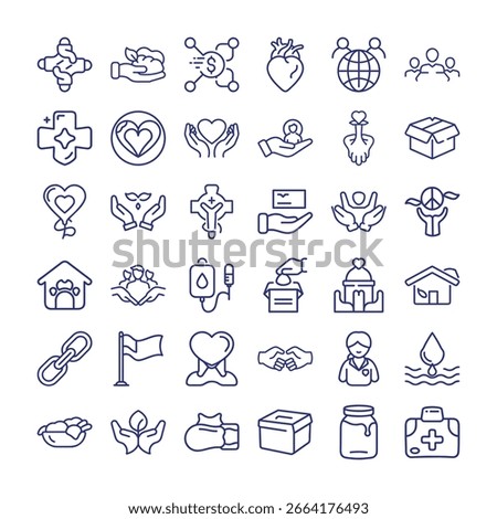 A comprehensive set of line art icons representing various aspects of charity, support, and community aid, all presented on a clean white background for easy integration.