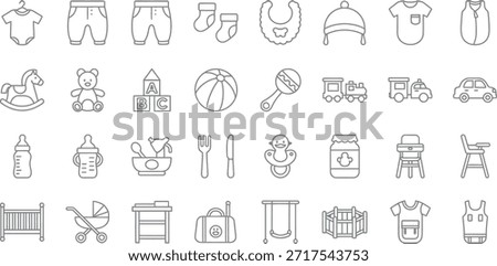 A comprehensive set of line art icons depicting various items for baby care, including clothing, toys, feeding accessories, and nursery furniture, ideal for designs.