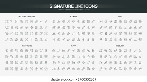 Comprehensive set of line icons covering molecule structures, rockets, space exploration, data science, blood analysis, and oncology research themes isolated vector illustration
