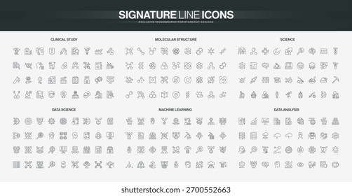 Conjunto completo de íconos de línea que cubren temas de estudio clínico, estructura molecular, ciencia, ciencia de datos, aprendizaje automático y análisis de datos Ilustración vectorial aislada