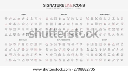 Comprehensive set of line icons covering expert skills, meetings, relationships, core values, employee benefits, and career growth in modern business isolated vector illustration