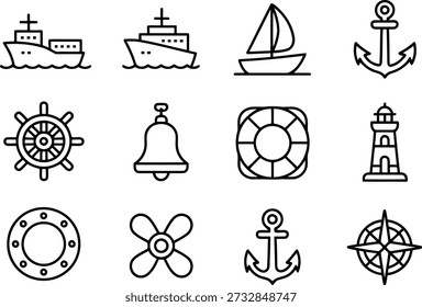 A comprehensive set of line icons depicting nautical elements like ships, anchors, navigation tools, and safety equipment.