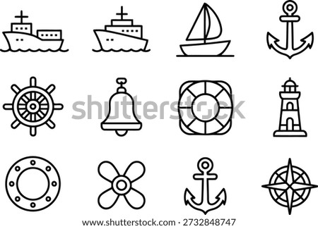 A comprehensive set of line icons depicting nautical elements like ships, anchors, navigation tools, and safety equipment.