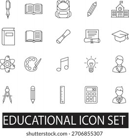 Conjunto abrangente de ícones de linha que representam conceitos educacionais, material escolar e ferramentas acadêmicas. Ideal para e-learning e projetos de estudo.