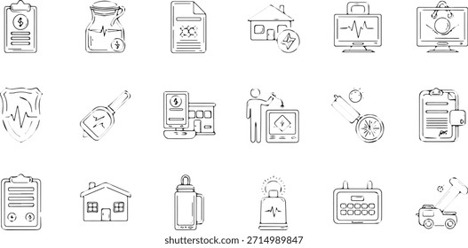 Un conjunto completo de íconos de línea que representan varios aspectos de la atención médica, la atención médica y los servicios relacionados, adecuados para diseños de App de Web y móviles.
