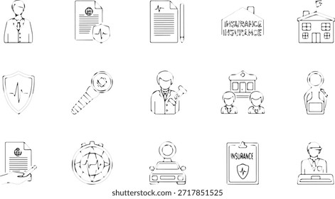 Un conjunto completo de iconos de línea que representan varios aspectos de seguros, protección financiera y servicios relacionados.