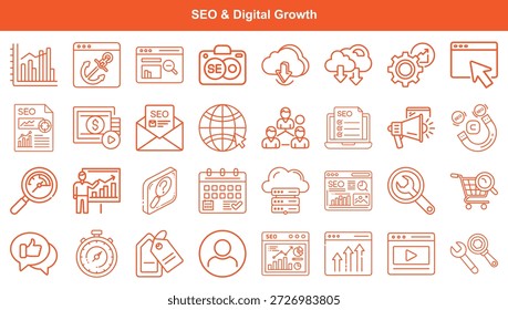 Ein umfangreiches Set von Liniensymbolen, die SEO- und digitale Wachstumsstrategien darstellen. Beinhaltet Marketing, Analyse, Teammanagement und Datenanalyse, ideal für Web- und Druckanwendungen.