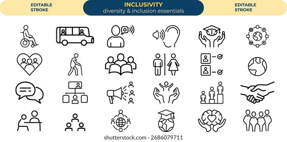 A comprehensive set of line icons symbolizing inclusivity, diversity, accessibility, communication, teamwork, and global connection, perfect for presentations.