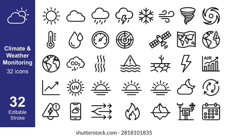 A comprehensive set of linear weather and climate monitoring icons for professional forecasting applications.