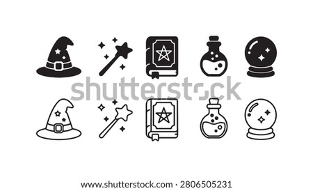 A comprehensive set of magic and witchcraft icons featuring wizard hats, wands, spellbooks, potions, and crystal balls in both solid silhouette and clean line art styles.