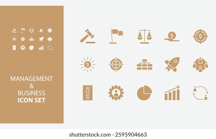 A comprehensive set of management and business icons in a muted beige tone.