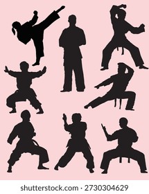 A comprehensive set of martial arts silhouettes featuring dynamic fighting poses for karate and taekwondo. This detailed vector illustration was designed by me without using AI. Perfect for sports branding, gym posters, tournament flyers, or apparel designs requiring sharp, professional action graphics with clean linework.