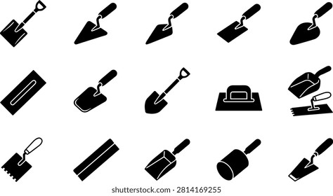 Comprehensive set of masonry trowel spatula and float tools used in plastering concrete and tiling projects. Versatile hand tools designed for professional finishing work wall repair and construction tasks depicted in clear vector icon format for industrial use.