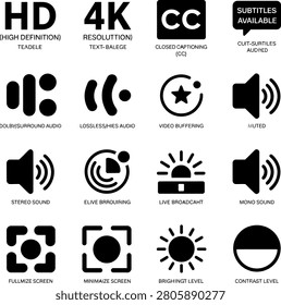Comprehensive set of media and audio control icons for video streaming and broadcasting needs in clear design