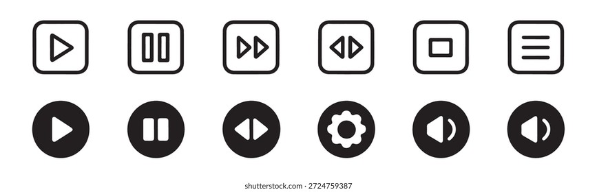 Completo conjunto de iconos de reproductor de medios e interfaz de usuario. Reproducir, pausar, avanzar rápido, rebobinar, detener, menú, Configuraciones y volumen.