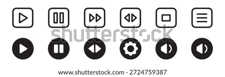 Comprehensive set of media player and UI icons. Play, pause, fast forward, rewind, stop, menu, settings, and volume.