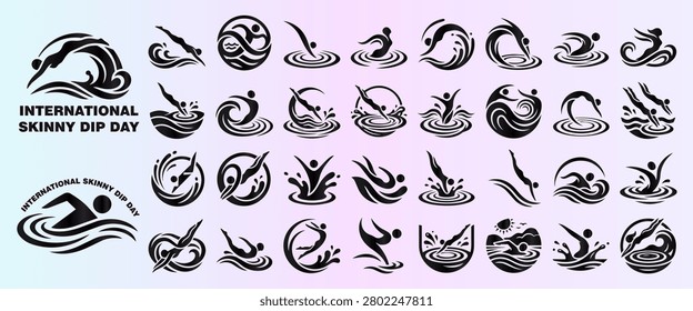 A comprehensive set of minimalist black icons showing swimmers and divers celebrating International Skinny Dip Day
