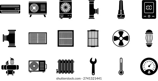 A comprehensive set of minimalist black silhouette icons representing various components and tools for heating, ventilation, air conditioning, and plumbing systems, including units, filters, pipes, and gauges.